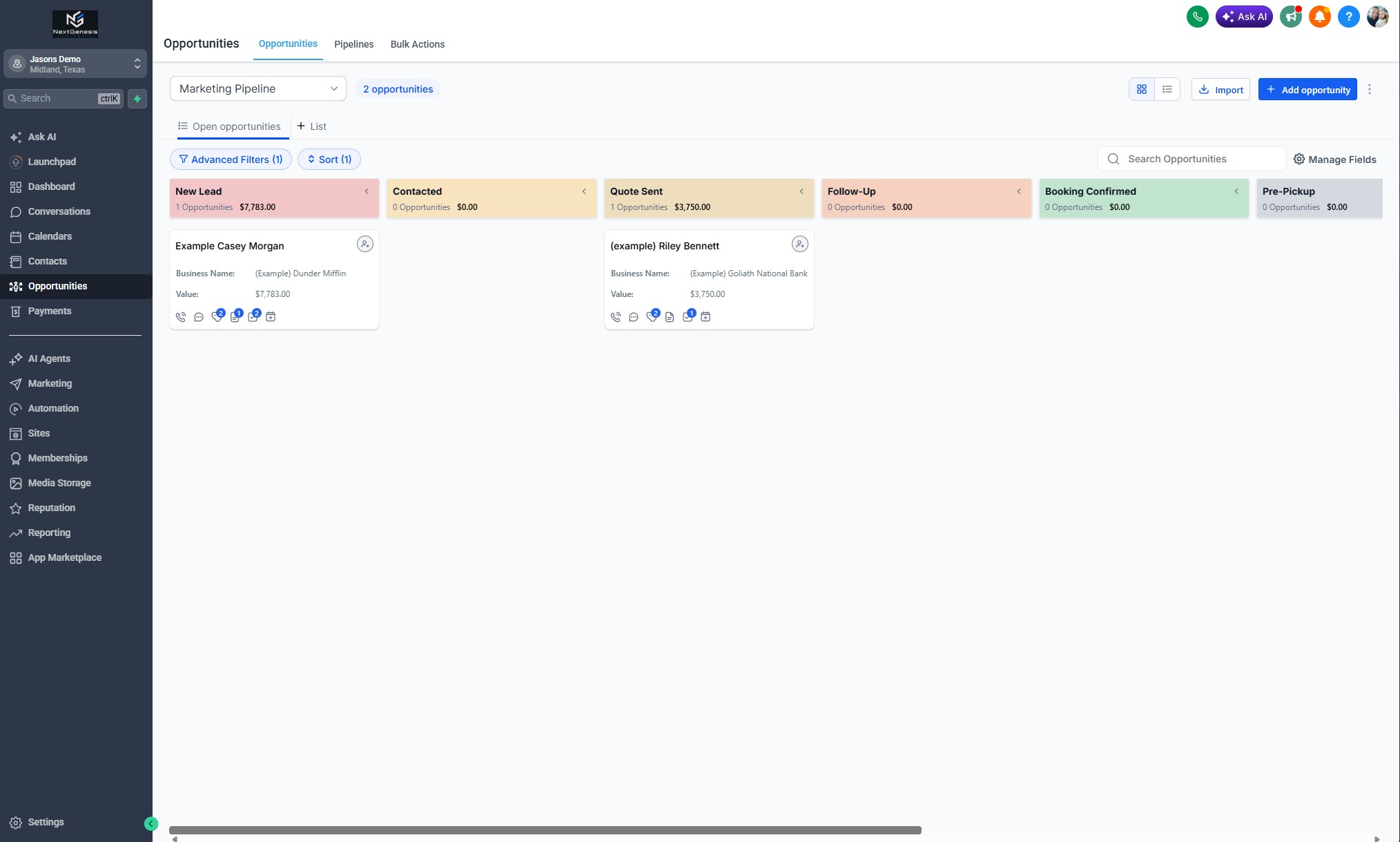 Next Genesis branded CRM kanban pipeline showing lead stages