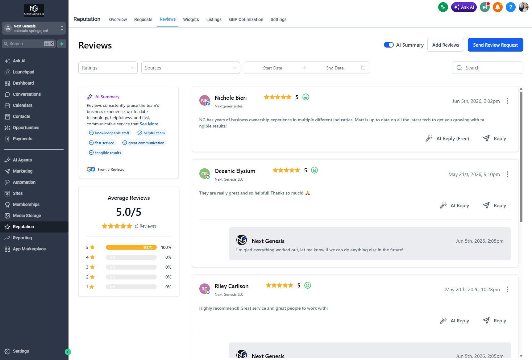 Next Genesis branded reviews dashboard for reputation management