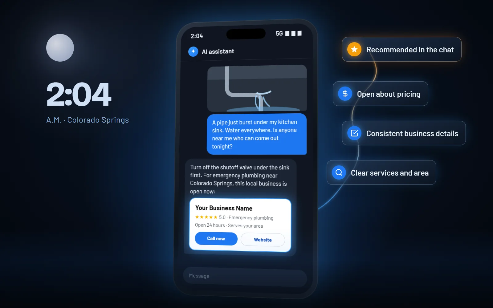At 2:04 a.m. a homeowner sends an AI assistant a photo of a burst pipe and asks who can come out, and the assistant recommends a local plumbing business that is open now.