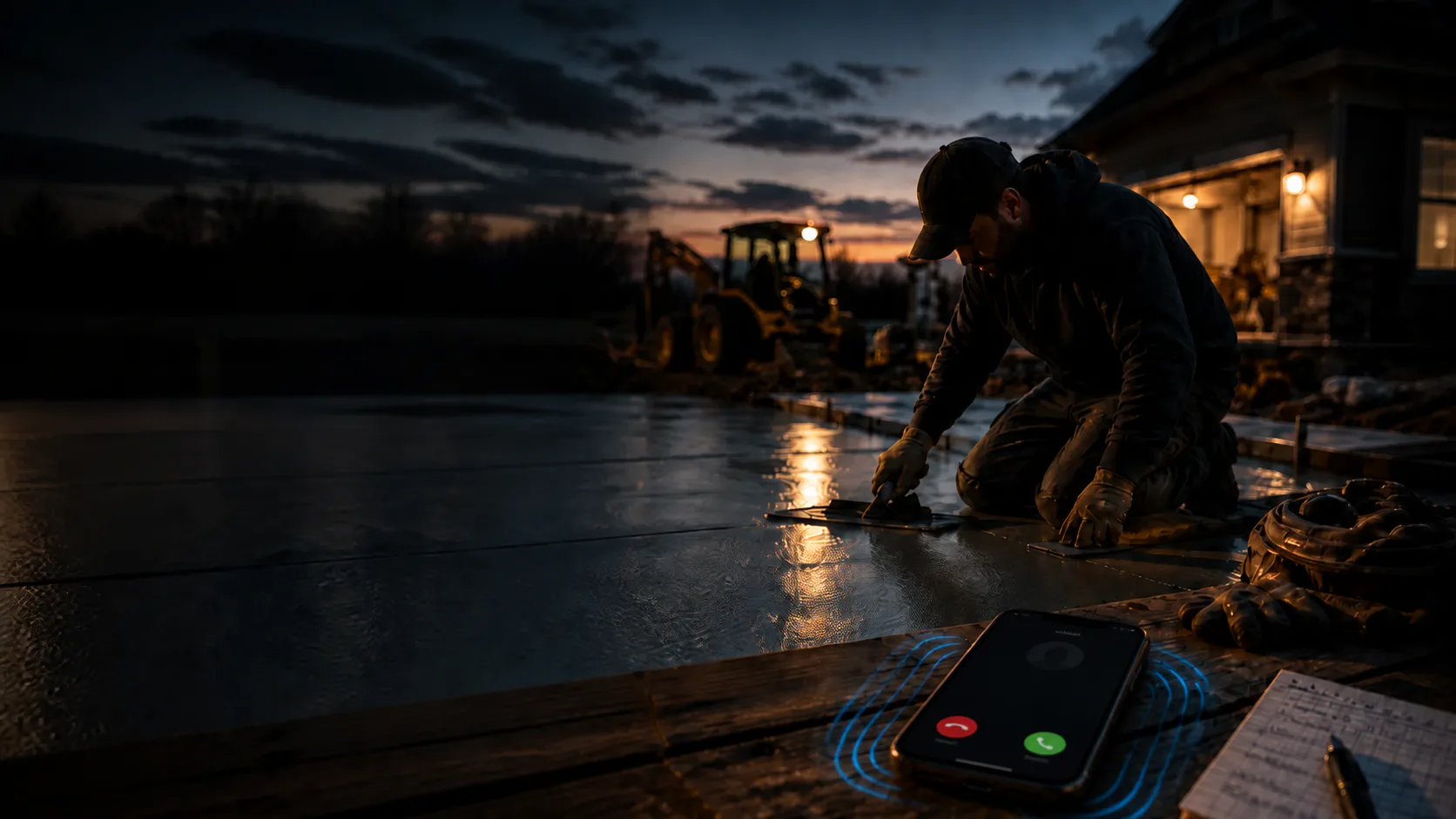 A concrete contractor finishing a slab at dusk while his phone rings unanswered on the form board.