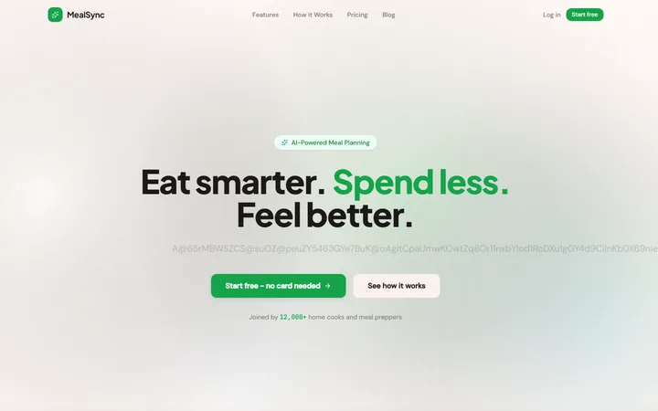 MealSync homepage screenshot showing AI-powered meal planning headline and green call-to-action buttons