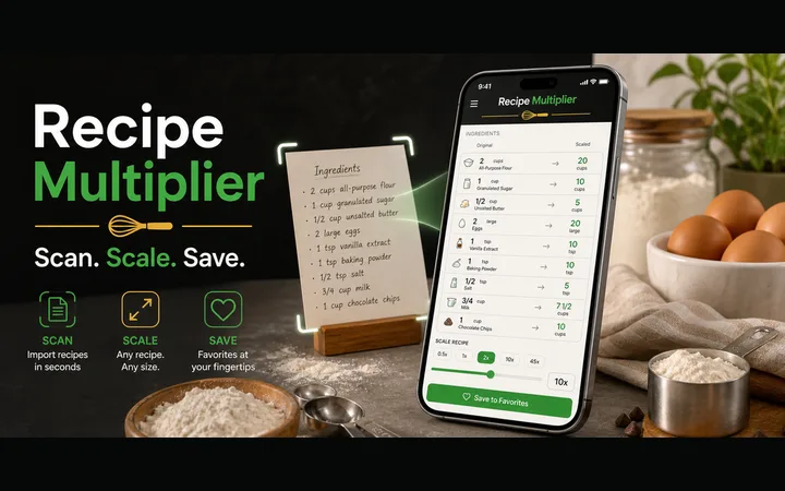 Recipe Multiplier mobile app product graphic showing recipe scanning, scaling, and saved recipes