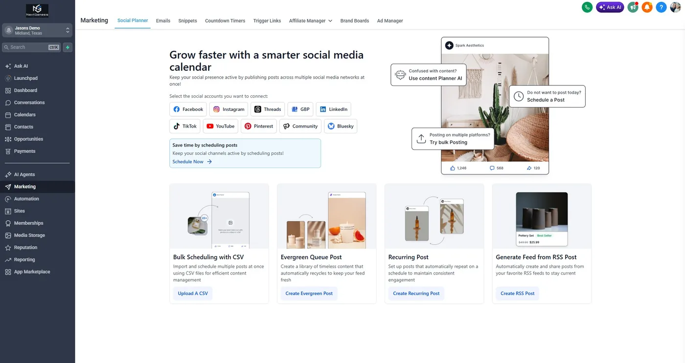 The campaign and social planner calendar inside the CRM