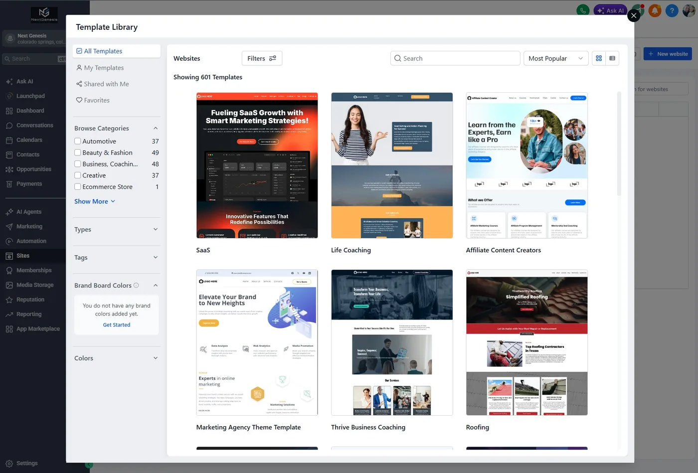 CRM library of forms, funnels, and marketing templates