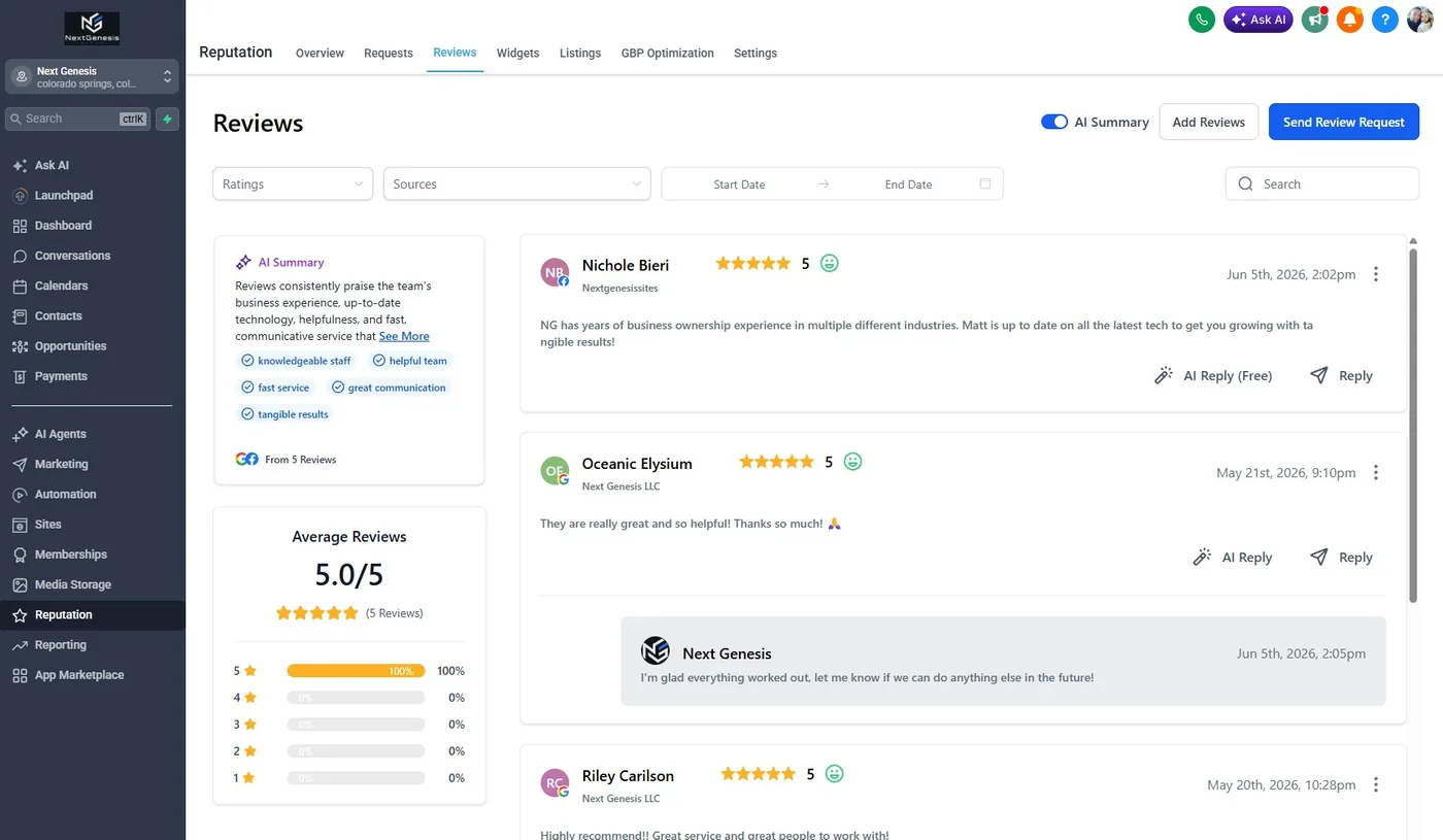 The reputation dashboard showing five-star customer reviews