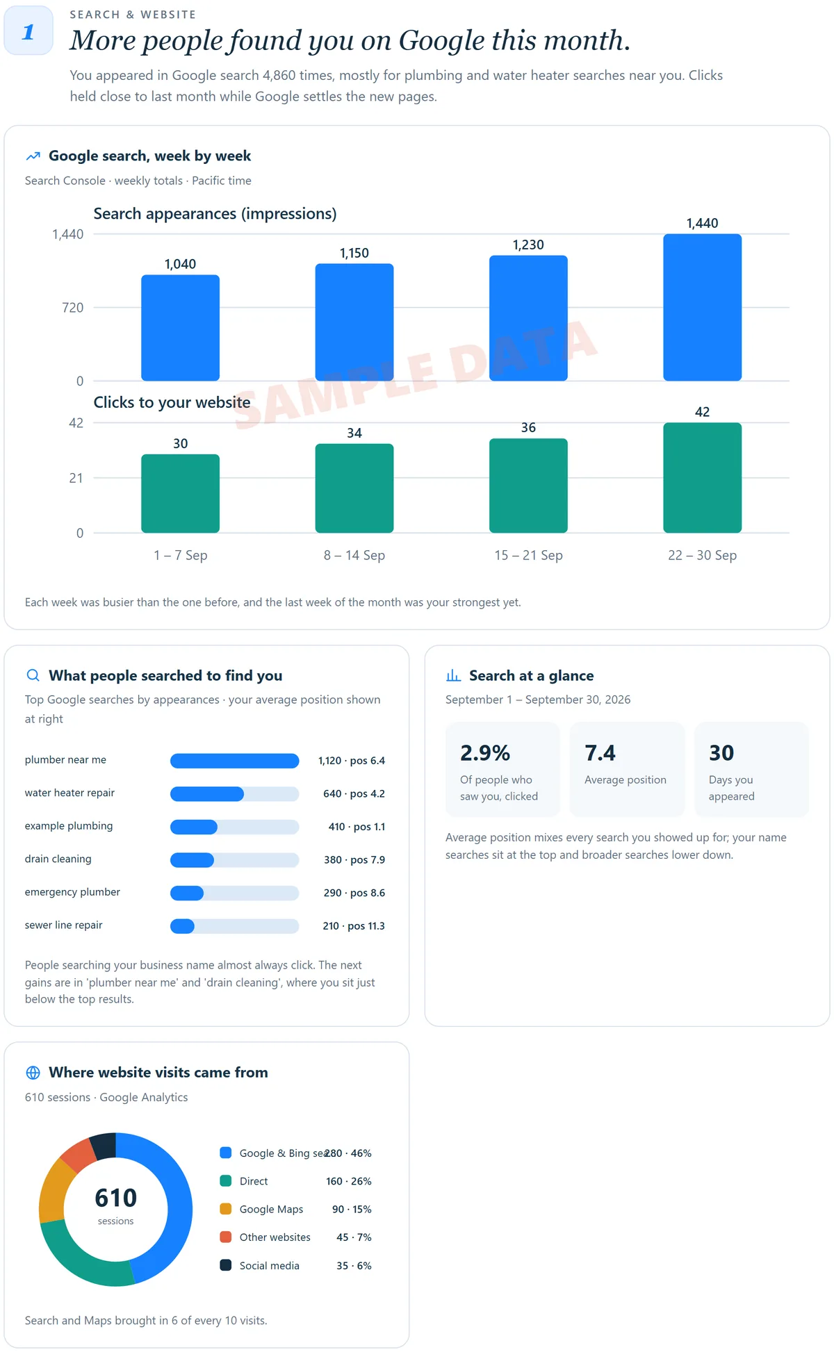 Sample search section: weekly Google appearances and clicks, top searches and where website visits came from, with example numbers.