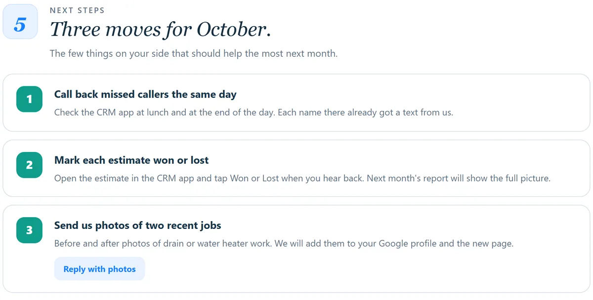 Sample next steps: three numbered actions for the coming month.